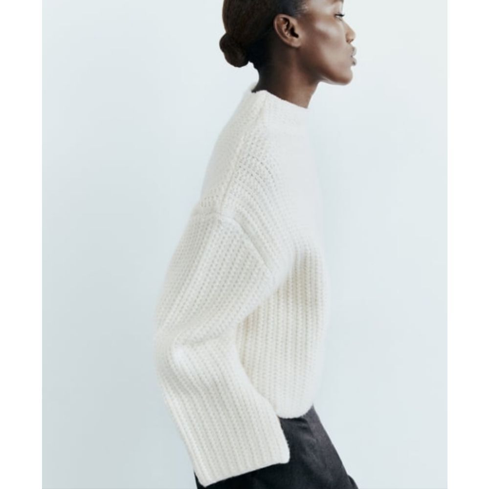 NWT Zara Beautiful Textured Blend Wool Thick Knit Sweater Ecru Size M